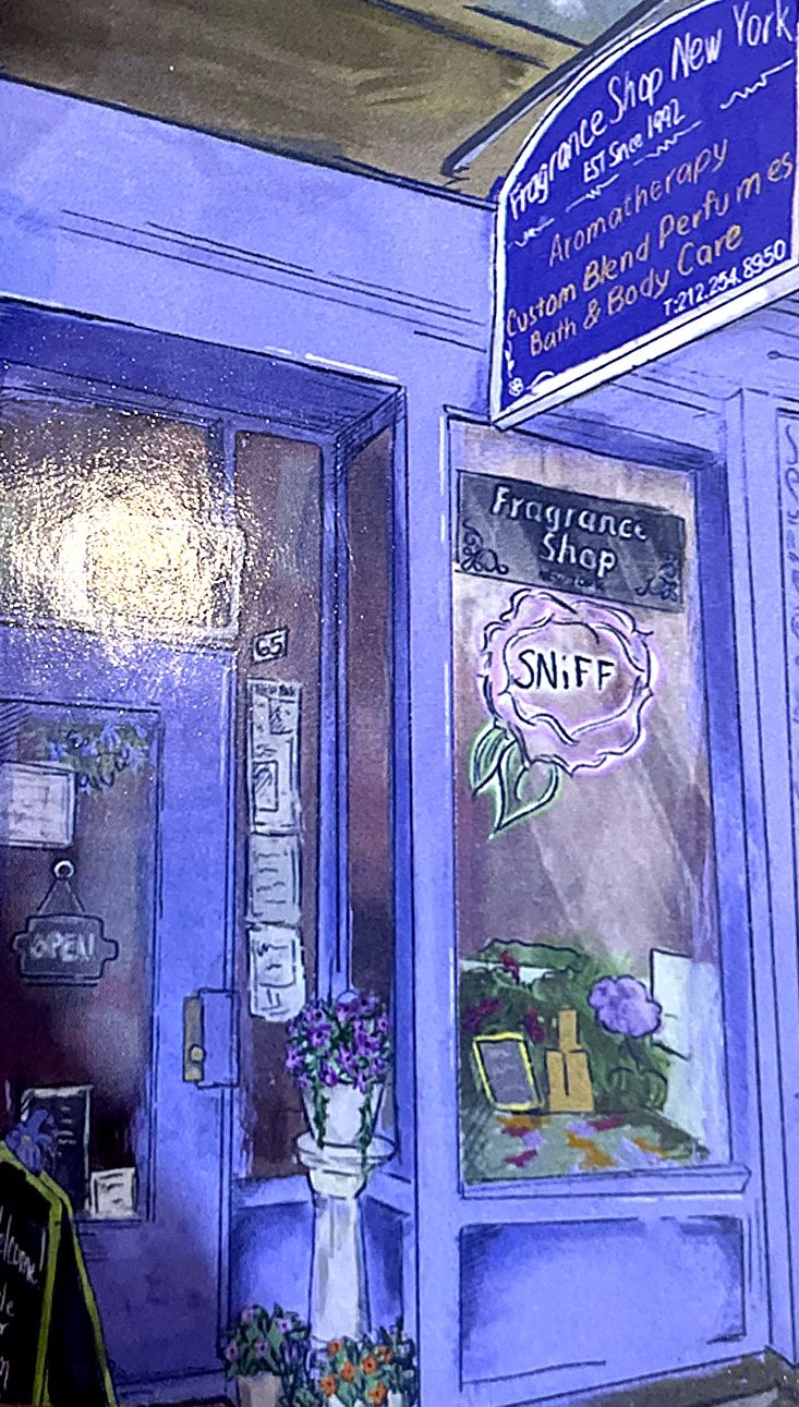 Hand-drawn illustration of the Fragrance Shop storefront from the shop's business card